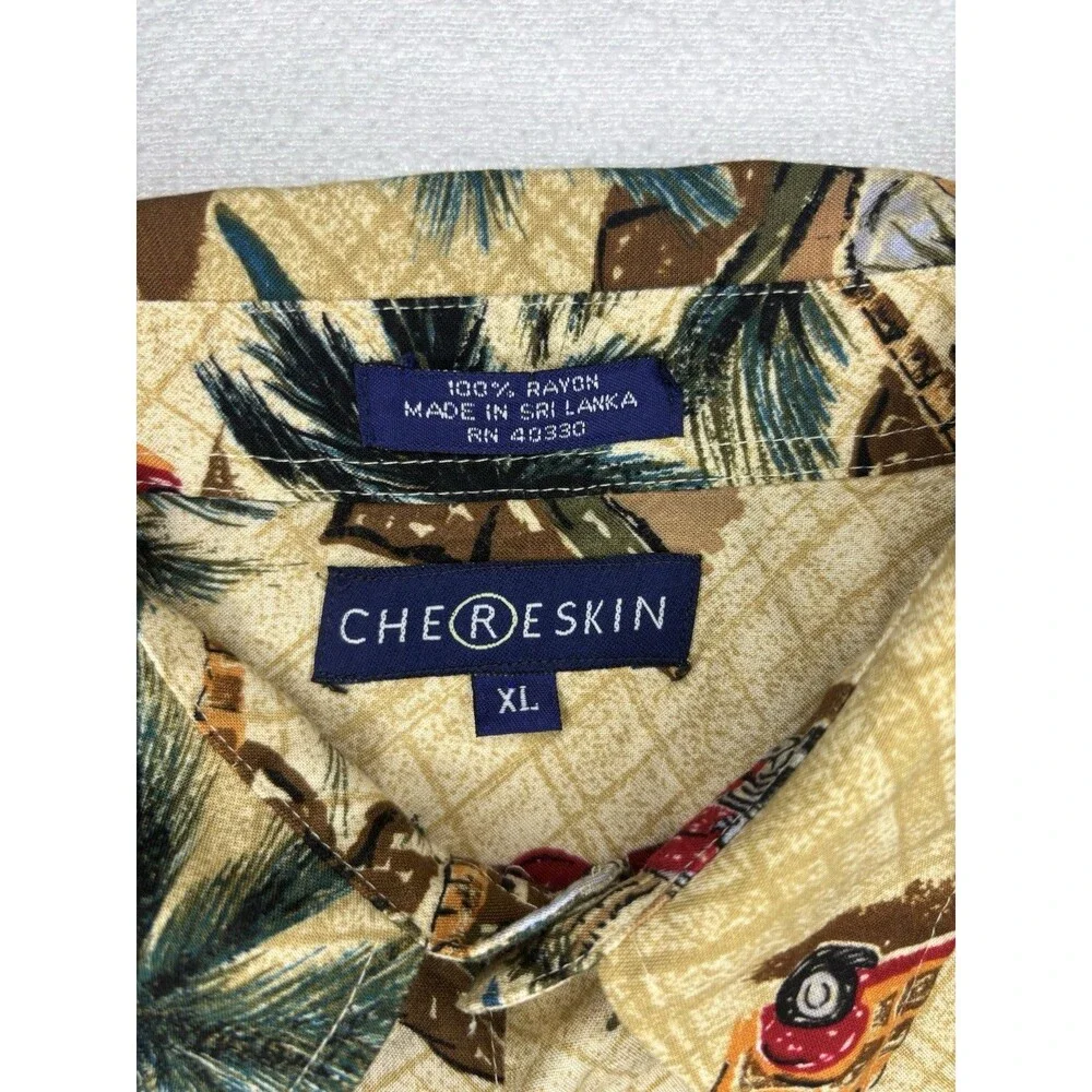 Chereskin Button Down Shirt Mens XL Tan Excellent Tropical Woody Car Rayon Aloha
